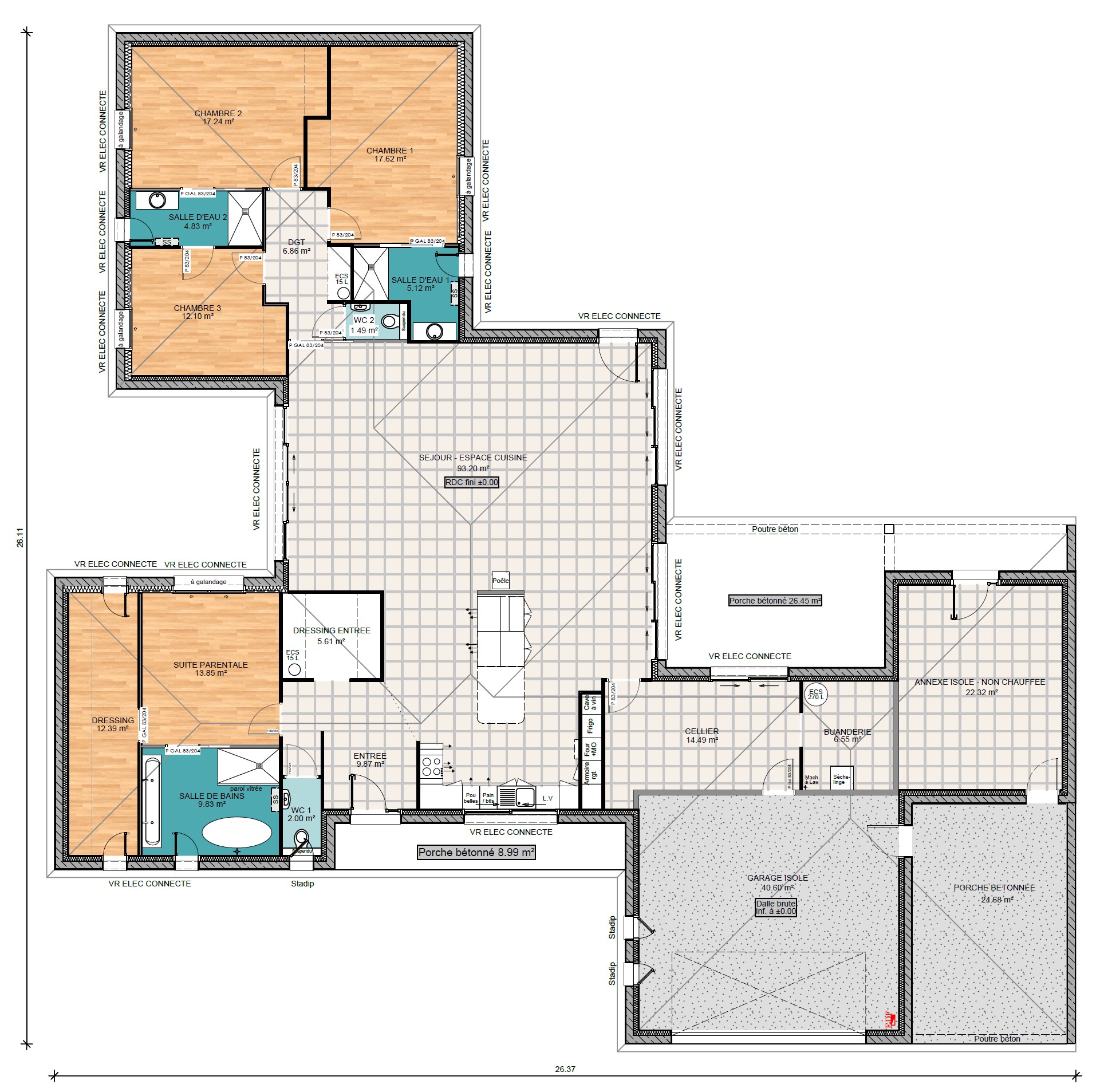 Plan Maison contemporaine plain-pied avec plan fonctionnel
