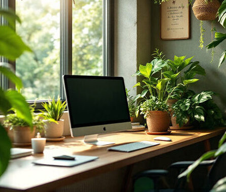 Bureau scandinave bois clair intégré dans une chambre parentale.