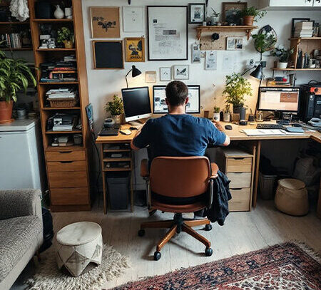 Espace bureau dans véranda baignée de lumière naturelle