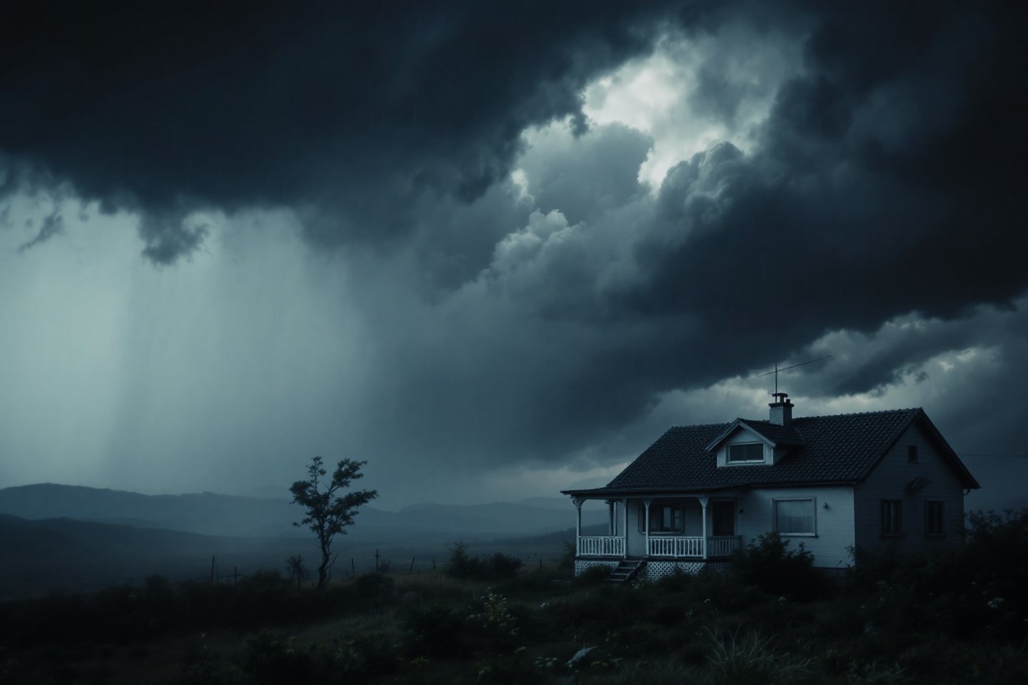 Maison blanche seule dans la campagne sous un ciel très sombre et orageux