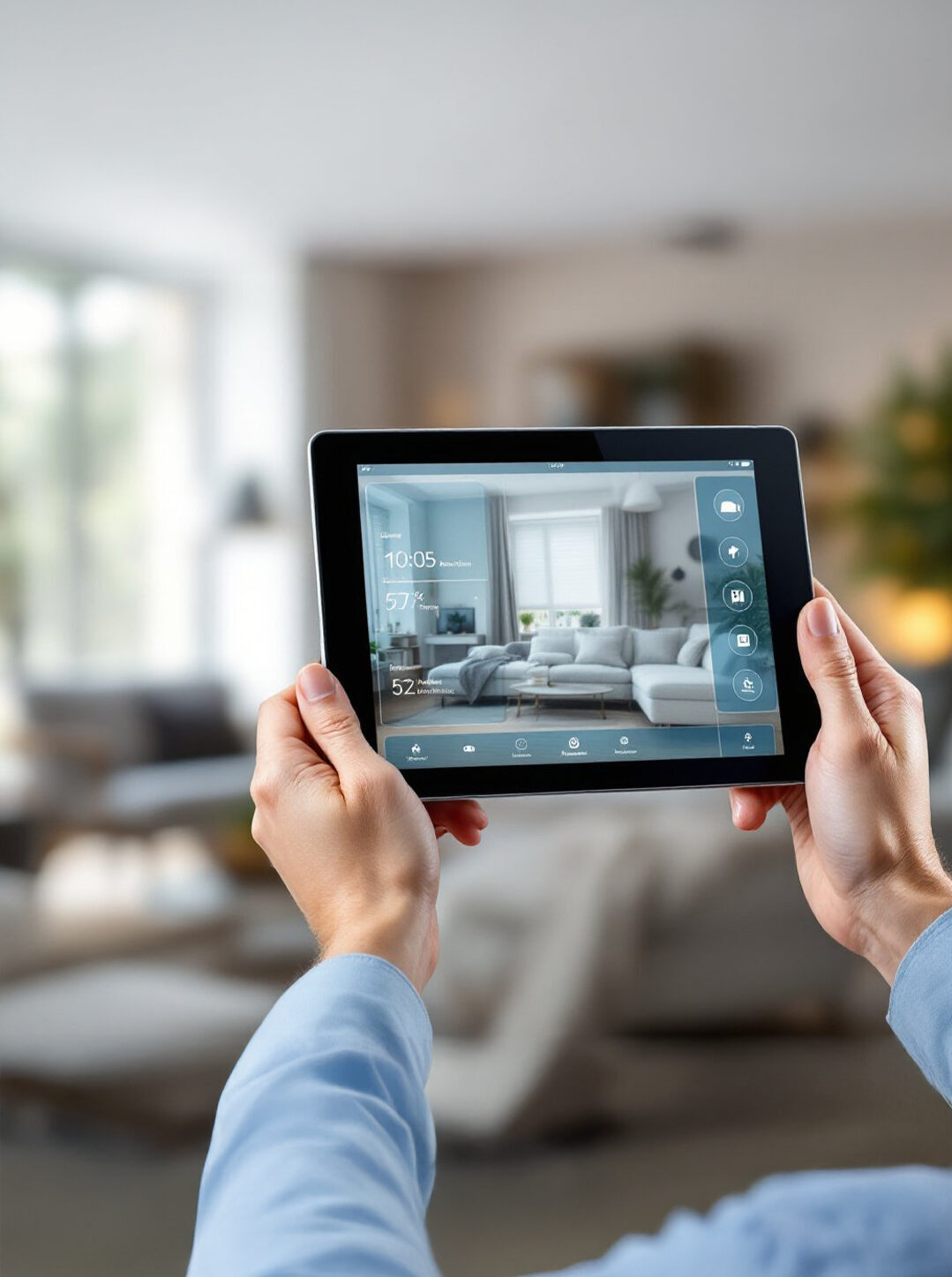 Personne utilisant une tablette pour gérer les fonctionnalités connectées d’une maison intelligente